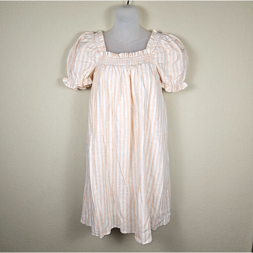 Gianni Bini Linen Blend Dress S Cottagecore Stripe Puff Sleeve Ruffle Smocked